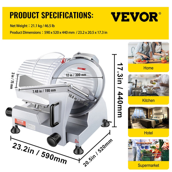 Vevor Commercial Meat Slicer 320W Electric Deli Food 12 Inch Carbon Steel Blade 350 400Rpm 0 0.6 Adjustable Thickness For Cheese Veggies Ham Slicers A
