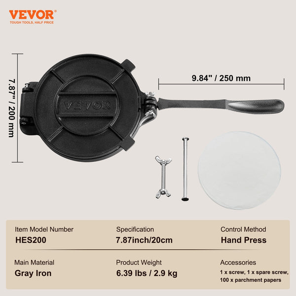 Tortilla Press 8 Inch And Roti Maker Cast Iron Heavy Duty Tortilladora Seasoned Pataconera With 100 Pcs Parchment Paper Dough For Flour Tawa Silver Ot