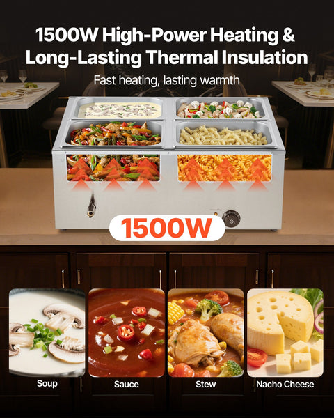 Vevor Commercial Food Warmer 1500W Electric Stainless Steel Steam With Lid 4 Pan Fast Heating Countertop Buffet Bain Marie Soup & Perforated Ladles Fo