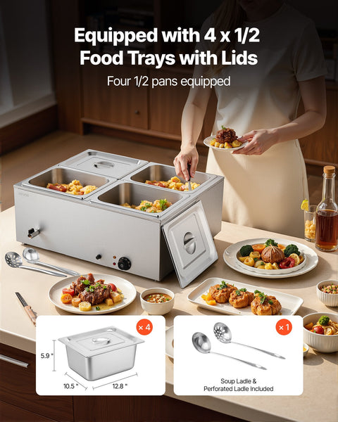 Vevor Commercial Food Warmer 1500W Electric Stainless Steel Steam With Lid 4 Pan Fast Heating Countertop Buffet Bain Marie Soup & Perforated Ladles Fo
