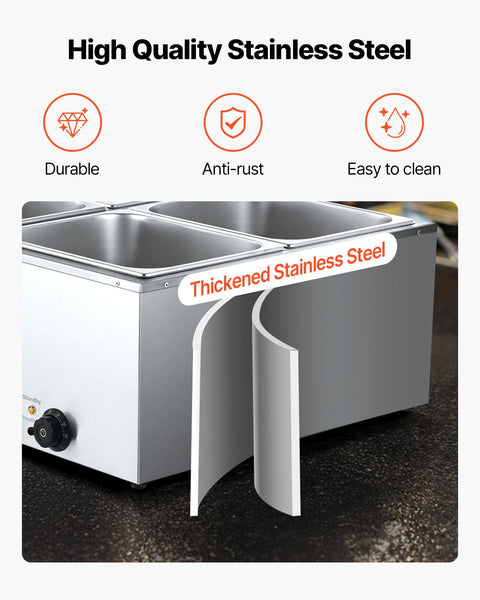 Vevor Commercial Food Warmer 1500W Electric Stainless Steel Steam With Lid 4 Pan Fast Heating Countertop Buffet Bain Marie Soup & Perforated Ladles Fo