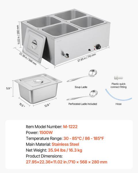 Vevor Commercial Food Warmer 1500W Electric Stainless Steel Steam With Lid 4 Pan Fast Heating Countertop Buffet Bain Marie Soup & Perforated Ladles Fo