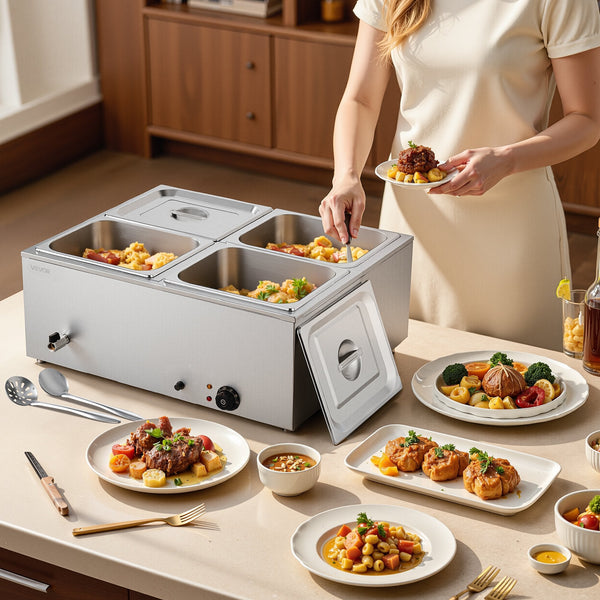 Vevor Commercial Food Warmer 1500W Electric Stainless Steel Steam With Lid 4 Pan Fast Heating Countertop Buffet Bain Marie Soup & Perforated Ladles Fo