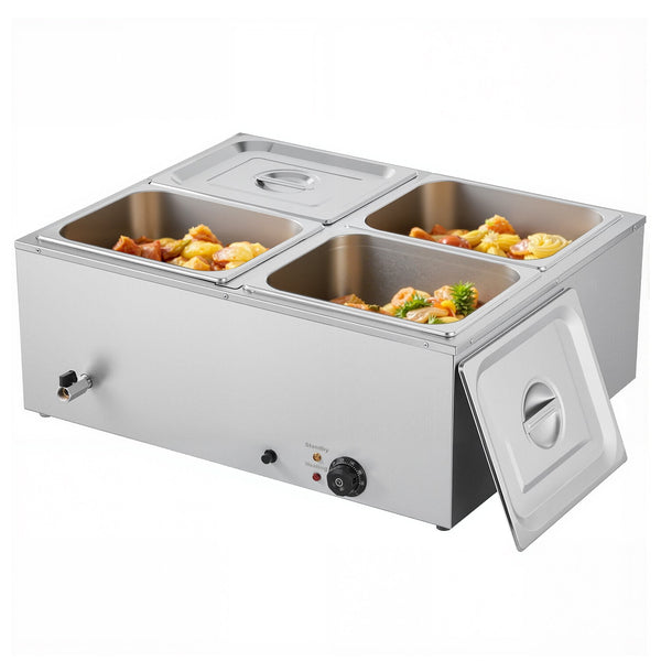 Vevor Commercial Food Warmer 1500W Electric Stainless Steel Steam With Lid 4 Pan Fast Heating Countertop Buffet Bain Marie Soup & Perforated Ladles Fo