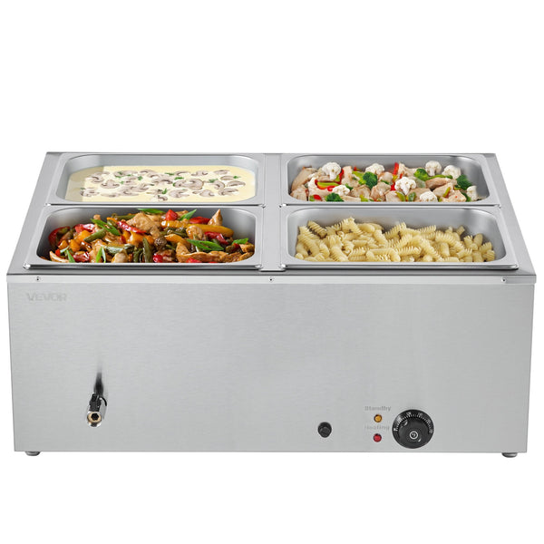Vevor Commercial Food Warmer 1500W Electric Stainless Steel Steam With Lid 4 Pan Fast Heating Countertop Buffet Bain Marie Soup & Perforated Ladles Fo