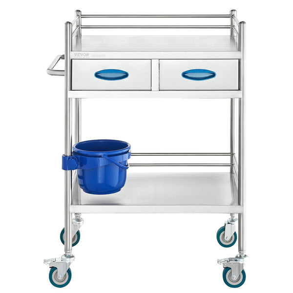 Vevor Lab Serving Cart 2 Layers Stainless Steel Utility Rolling Medical With Two Drawers Dental Lockable Wheels And Bucket For Laboratory Hospital Use