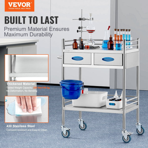 Vevor Lab Serving Cart 2 Layers Stainless Steel Utility Rolling Medical With Two Drawers Dental Lockable Wheels And Bucket For Laboratory Hospital Use