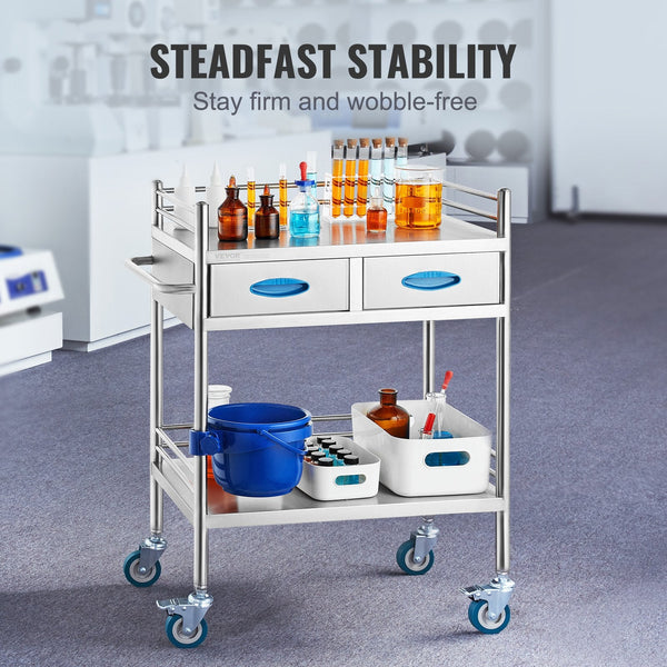 Vevor Lab Serving Cart 2 Layers Stainless Steel Utility Rolling Medical With Two Drawers Dental Lockable Wheels And Bucket For Laboratory Hospital Use
