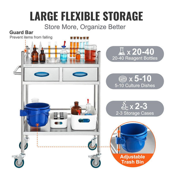 Vevor Lab Serving Cart 2 Layers Stainless Steel Utility Rolling Medical With Two Drawers Dental Lockable Wheels And Bucket For Laboratory Hospital Use