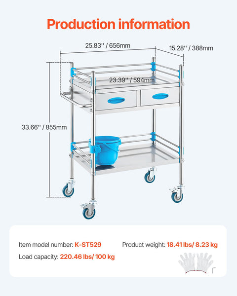 Vevor Lab Serving Cart 2 Layers Stainless Steel Utility Rolling Medical With Two Drawers Dental Lockable Wheels And Bucket For Laboratory Hospital Use