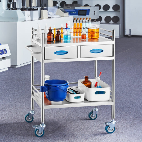 Vevor Lab Serving Cart 2 Layers Stainless Steel Utility Rolling Medical With Two Drawers Dental Lockable Wheels And Bucket For Laboratory Hospital Use