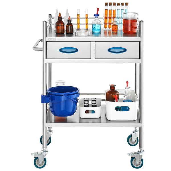 Vevor Lab Serving Cart 2 Layers Stainless Steel Utility Rolling Medical With Two Drawers Dental Lockable Wheels And Bucket For Laboratory Hospital Use