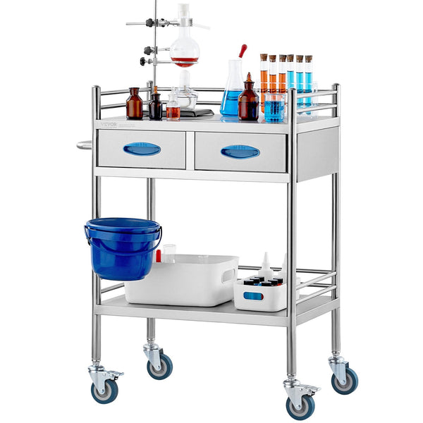 Vevor Lab Serving Cart 2 Layers Stainless Steel Utility Rolling Medical With Two Drawers Dental Lockable Wheels And Bucket For Laboratory Hospital Use