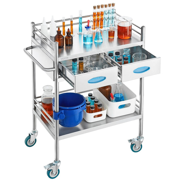 Vevor Lab Serving Cart 2 Layers Stainless Steel Utility Rolling Medical With Two Drawers Dental Lockable Wheels And Bucket For Laboratory Hospital Use