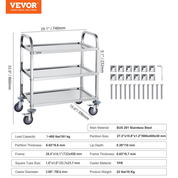 Vevorastainless Steel Carta3 Layersalab Utility Carta181 Kg Weight Capacityamedical Cartawith Lockable Universal Wheels For Lab Clinic Kitchen Salon K