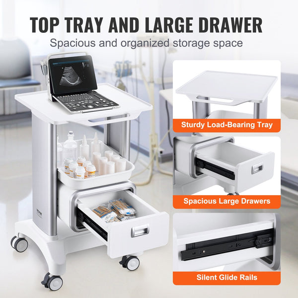 Vevor 2 Tiers Lab Carts Mobile Medical With 1 Drawer & Top Tray White Sterilisation Trays & Cases