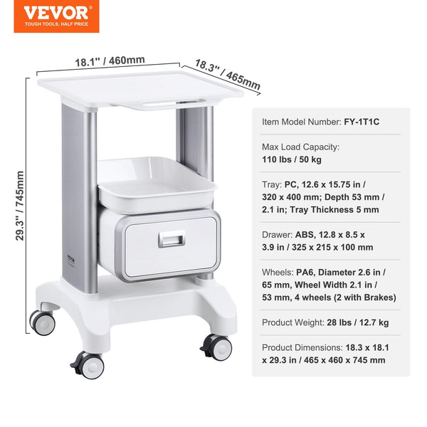 Vevor 2 Tiers Lab Carts Mobile Medical With 1 Drawer & Top Tray White Sterilisation Trays & Cases