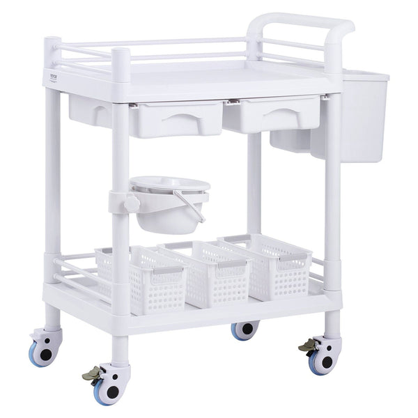 2 Tiers Lab Carts Utility With Trays Drawers & 4 Silent Wheels Mobile Medical Pp Material Rolling 3 Trash Cans For Clinic Hospital Salon White Other H