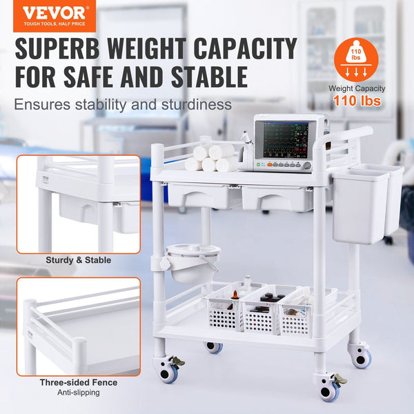 2 Tiers Lab Carts Utility With Trays Drawers & 4 Silent Wheels Mobile Medical Pp Material Rolling 3 Trash Cans For Clinic Hospital Salon White Other H