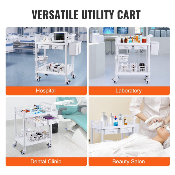 2 Tiers Lab Carts Utility With Trays Drawers & 4 Silent Wheels Mobile Medical Pp Material Rolling 3 Trash Cans For Clinic Hospital Salon White Other H