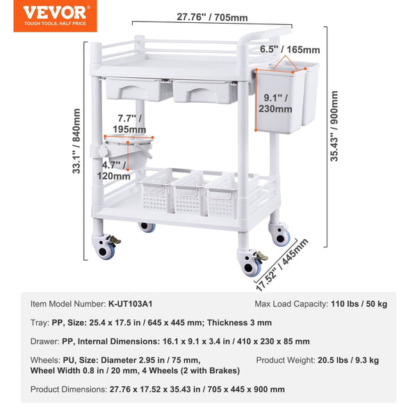 2 Tiers Lab Carts Utility With Trays Drawers & 4 Silent Wheels Mobile Medical Pp Material Rolling 3 Trash Cans For Clinic Hospital Salon White Other H