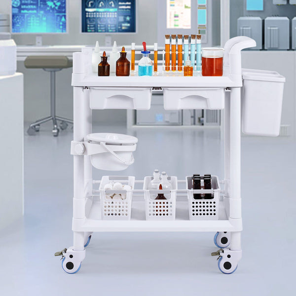 2 Tiers Lab Carts Utility With Trays Drawers & 4 Silent Wheels Mobile Medical Pp Material Rolling 3 Trash Cans For Clinic Hospital Salon White Other H