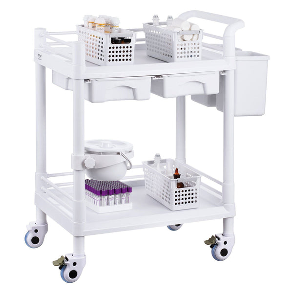 2 Tiers Lab Carts Utility With Trays Drawers & 4 Silent Wheels Mobile Medical Pp Material Rolling 3 Trash Cans For Clinic Hospital Salon White Other H