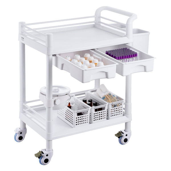 2 Tiers Lab Carts Utility With Trays Drawers & 4 Silent Wheels Mobile Medical Pp Material Rolling 3 Trash Cans For Clinic Hospital Salon White Other H