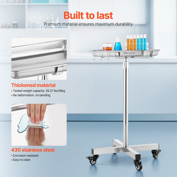 Mayo Stand Stainless Steel Tray Load Capacity Up To 35 Lbs Adjustable Height 25.2" 39.8" Medical On Wheels With Removable For Spa Salon Clinic Persona