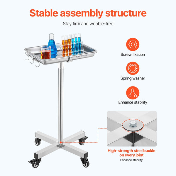 Mayo Stand Stainless Steel Tray Load Capacity Up To 35 Lbs Adjustable Height 25.2" 39.8" Medical On Wheels With Removable For Spa Salon Clinic Persona