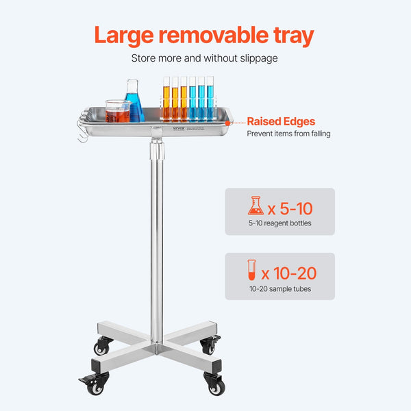 Mayo Stand Stainless Steel Tray Load Capacity Up To 35 Lbs Adjustable Height 25.2" 39.8" Medical On Wheels With Removable For Spa Salon Clinic Persona
