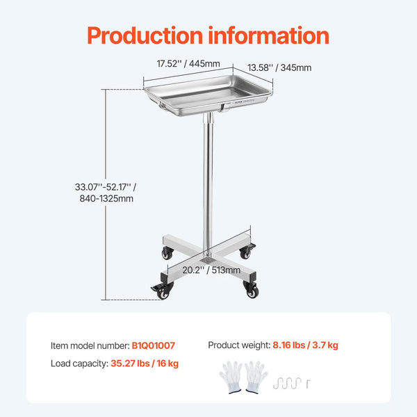 Mayo Stand Stainless Steel Tray Load Capacity Up To 35 Lbs Adjustable Height 25.2" 39.8" Medical On Wheels With Removable For Spa Salon Clinic Persona