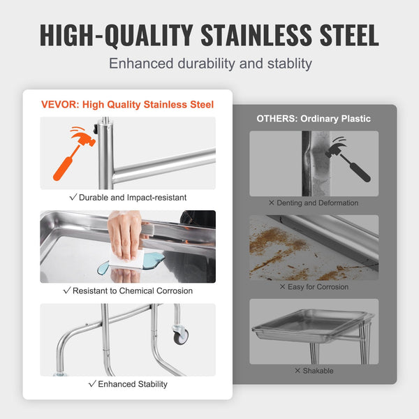 Vevor Stainless Steel Lab Cart With Single Tray & 2 Silent Wheels For Clinic Sterilisation Trays & Cases