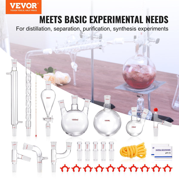 Vevor Lab Glassware Distillation Kit 1000Ml 3.3 Boro 29 Pcs Equipment Sterilisation Trays & Cases