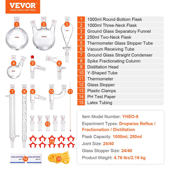 Vevor Lab Glassware Distillation Kit 1000Ml 3.3 Boro 29 Pcs Equipment Sterilisation Trays & Cases