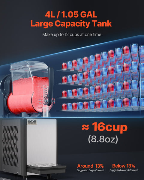 Vevor Commercial Slushy Machine 4L Single Tank Frozen Drink 16 Cups Stainless Steel Margarita Smoothie Maker Slushie For Home Party Restaurants Cafe B