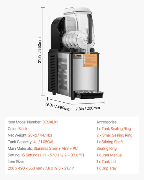 Vevor Commercial Slushy Machine 4L Single Tank Frozen Drink 16 Cups Stainless Steel Margarita Smoothie Maker Slushie For Home Party Restaurants Cafe B