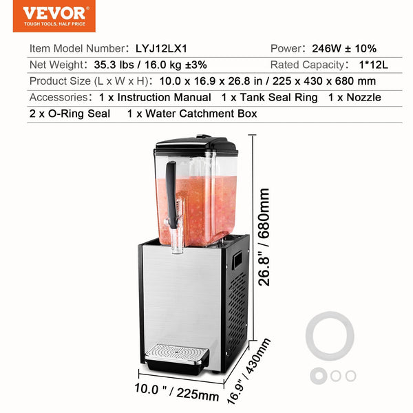 Vevor Commercial Beverage Dispenser 12L Cold Juice Ice Drink For Party Dispensers