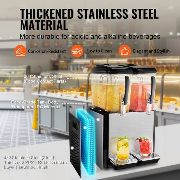 Commercial Beverage Dispenser 2 Tanks 12L Each Juice Ice Tea Drink Machine 286W Dispensers