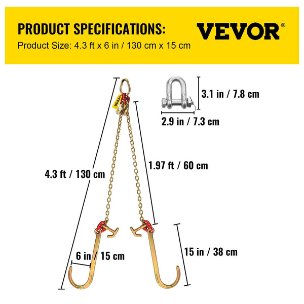 Vevor Bridle Chain 5/16 In X 2 Ft Tow Grade 80 Transport 9260 Lbs Break Strength With Tj Hooks & Grab Heavy Duty Pear Link Connector And Shorteners To