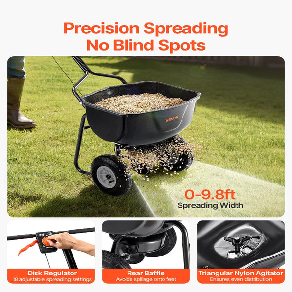 Walk Behind Spreader 60Lbs Capacity Push With Hopper Grate 9.8 Ft Spreading Width In All Terrain Pneumatic Tires Garden & Lawn Broadcast Spreaders For