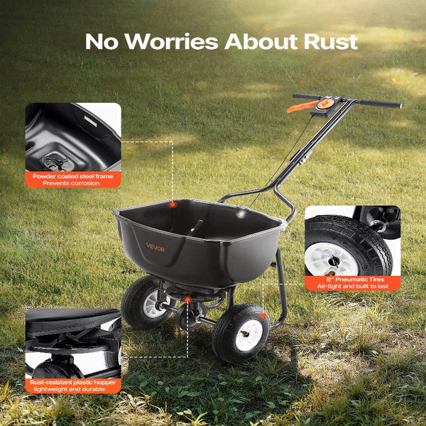 Walk Behind Spreader 60Lbs Capacity Push With Hopper Grate 9.8 Ft Spreading Width In All Terrain Pneumatic Tires Garden & Lawn Broadcast Spreaders For