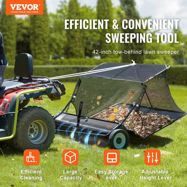106.6 Cm Lawn Sweeper Tow Behind 12 Cu.Ft. Large Pull Grass Heavy Duty Leaf And Collector With Dumping Rope Design Adjustable Sweeping Height For Pick
