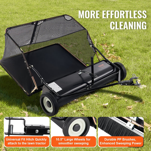 106.6 Cm Lawn Sweeper Tow Behind 12 Cu.Ft. Large Pull Grass Heavy Duty Leaf And Collector With Dumping Rope Design Adjustable Sweeping Height For Pick