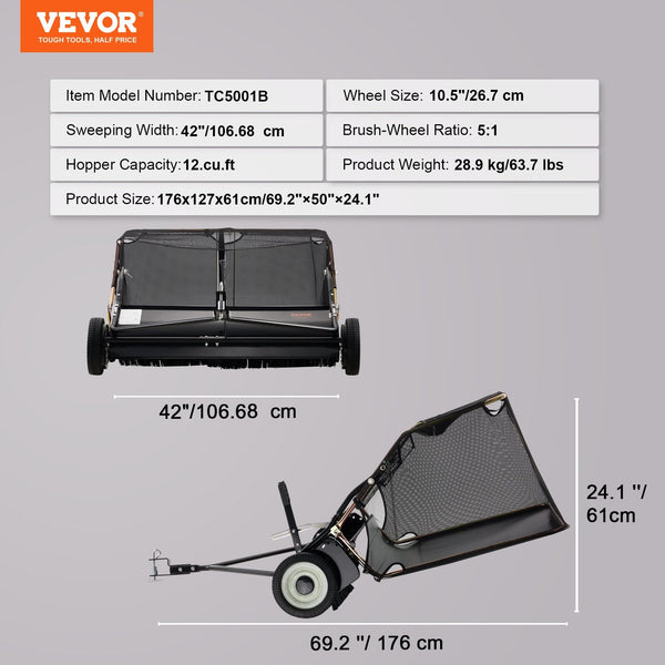 106.6 Cm Lawn Sweeper Tow Behind 12 Cu.Ft. Large Pull Grass Heavy Duty Leaf And Collector With Dumping Rope Design Adjustable Sweeping Height For Pick