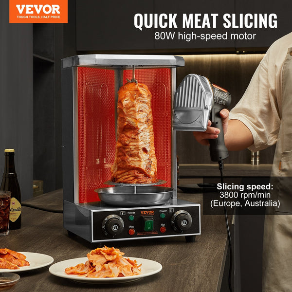 Electric Shawarma Knife 80W Professional Turkish Kebab Commercial Stainless Steel Gyro Cutter Doner Meat Slicer With 2 Blades I4"/100Mm Diameter 8Mm A