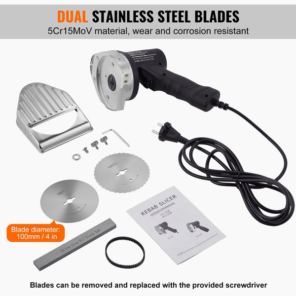 Electric Shawarma Knife 80W Professional Turkish Kebab Commercial Stainless Steel Gyro Cutter Doner Meat Slicer With 2 Blades I4"/100Mm Diameter 8Mm A