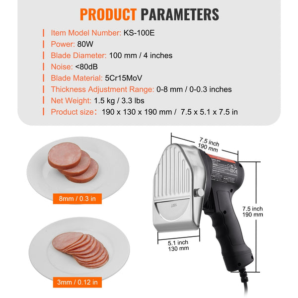 Electric Shawarma Knife 80W Professional Turkish Kebab Commercial Stainless Steel Gyro Cutter Doner Meat Slicer With 2 Blades I4"/100Mm Diameter 8Mm A
