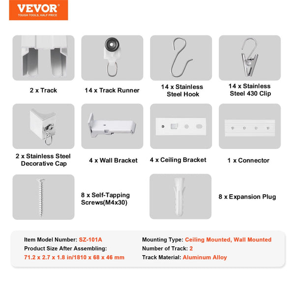 Vevor Ceiling Curtain Track Set 5.9 Ft/1.8 Meter_Oom Divider With Hooks White Curtain Poles & Accessories