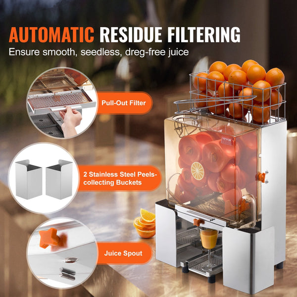 Vevor Commercial Orange Juicer Machine, 120W Automatic Juice Extractor, Stainless Steel Orange Squeezer For 20 Oranges Per Minute, With Pull Out Filte